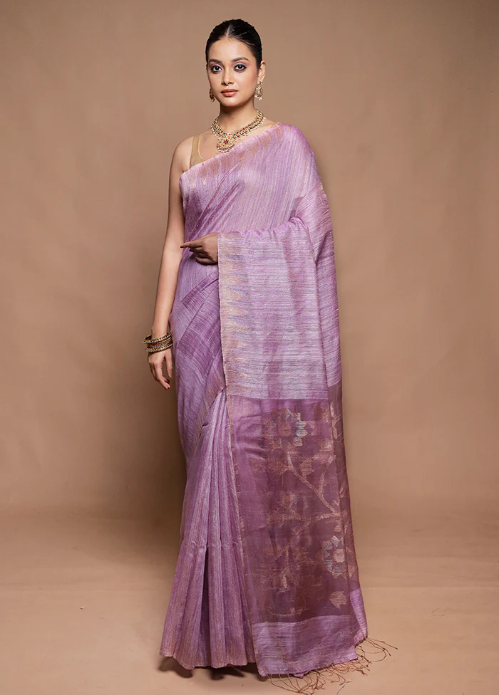 Purple Handloom Matka Pure Silk Saree With Blouse Piece