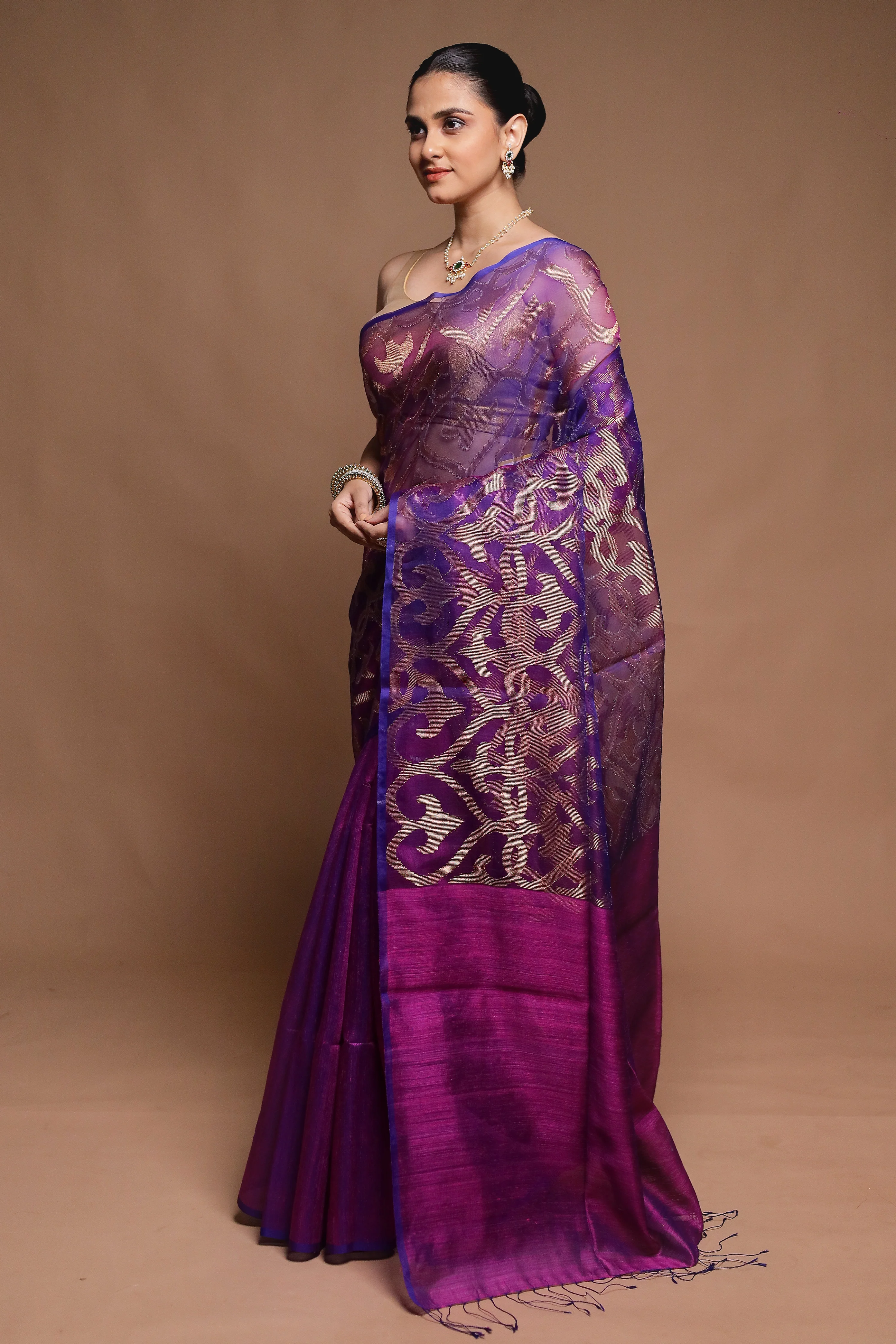 Purple Handloom Matka Pure Silk Saree With Blouse Piece - Image 4