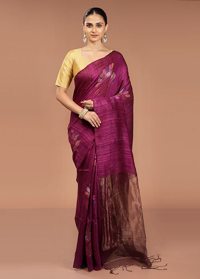 Purple Handloom Matka Pure Silk Saree With Blouse Piece - Image 2
