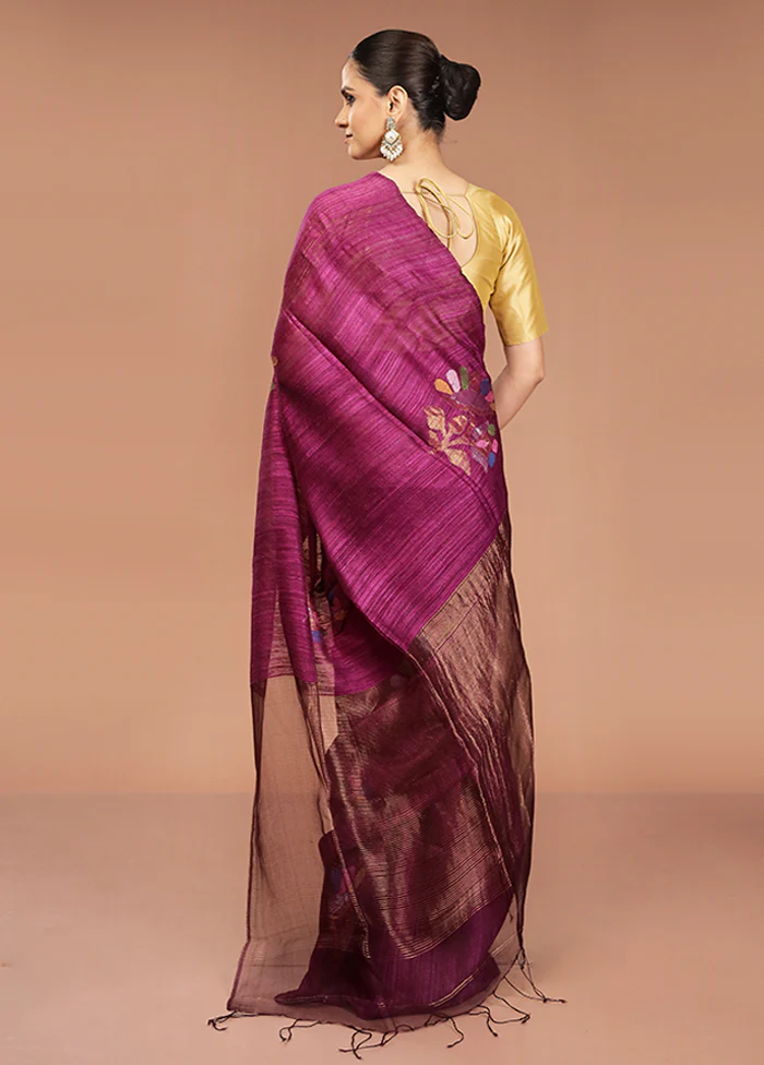 Purple Handloom Matka Pure Silk Saree With Blouse Piece - Image 3