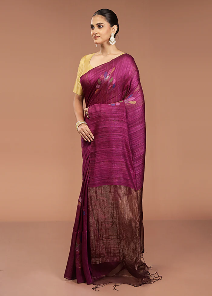 Purple Handloom Matka Pure Silk Saree With Blouse Piece - Image 4