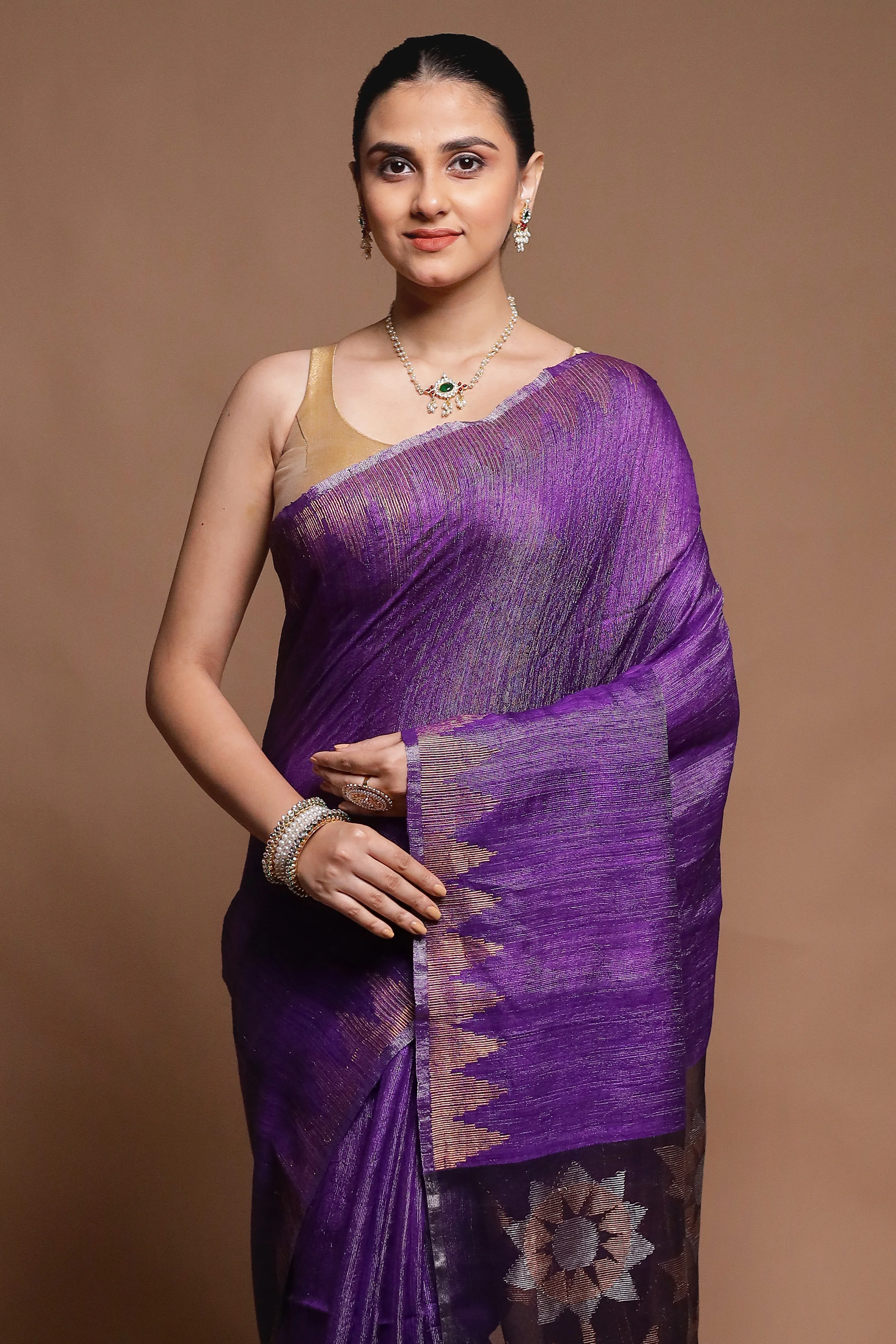 Purple Handloom Matka Pure Silk Saree With Blouse Piece - Image 2