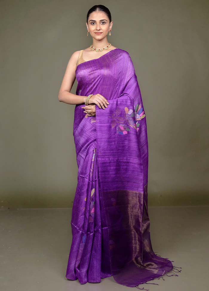 Purple Handloom Matka Pure Silk Saree With Blouse Piece - Image 2