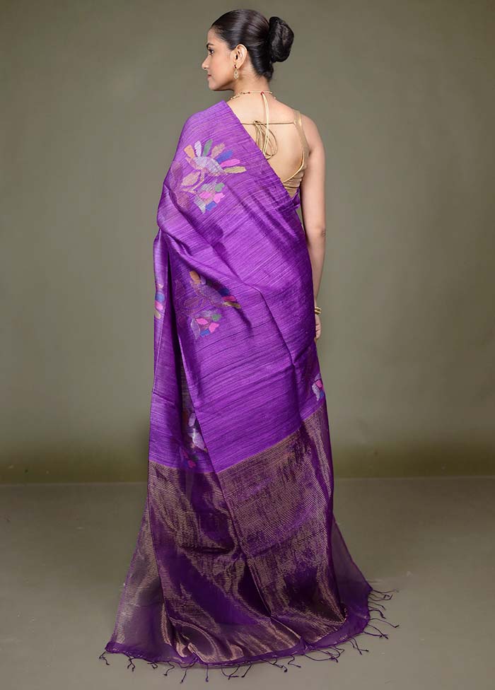 Purple Handloom Matka Pure Silk Saree With Blouse Piece - Image 3