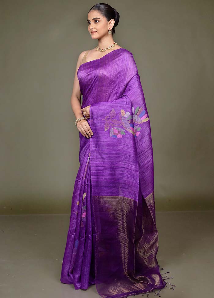 Purple Handloom Matka Pure Silk Saree With Blouse Piece - Image 4
