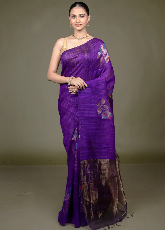 Purple Handloom Matka Pure Silk Saree With Blouse Piece - Image 2