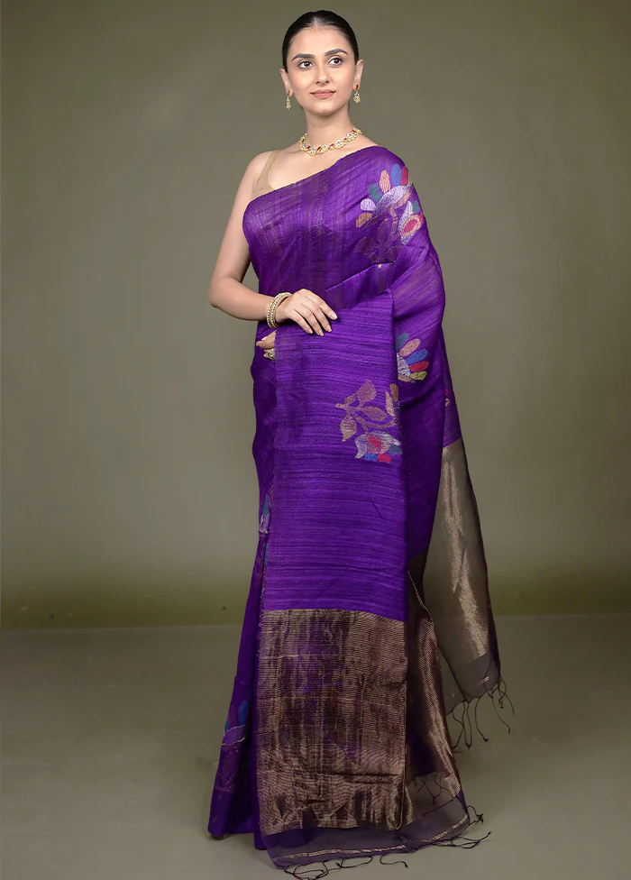 Purple Handloom Matka Pure Silk Saree With Blouse Piece - Image 4