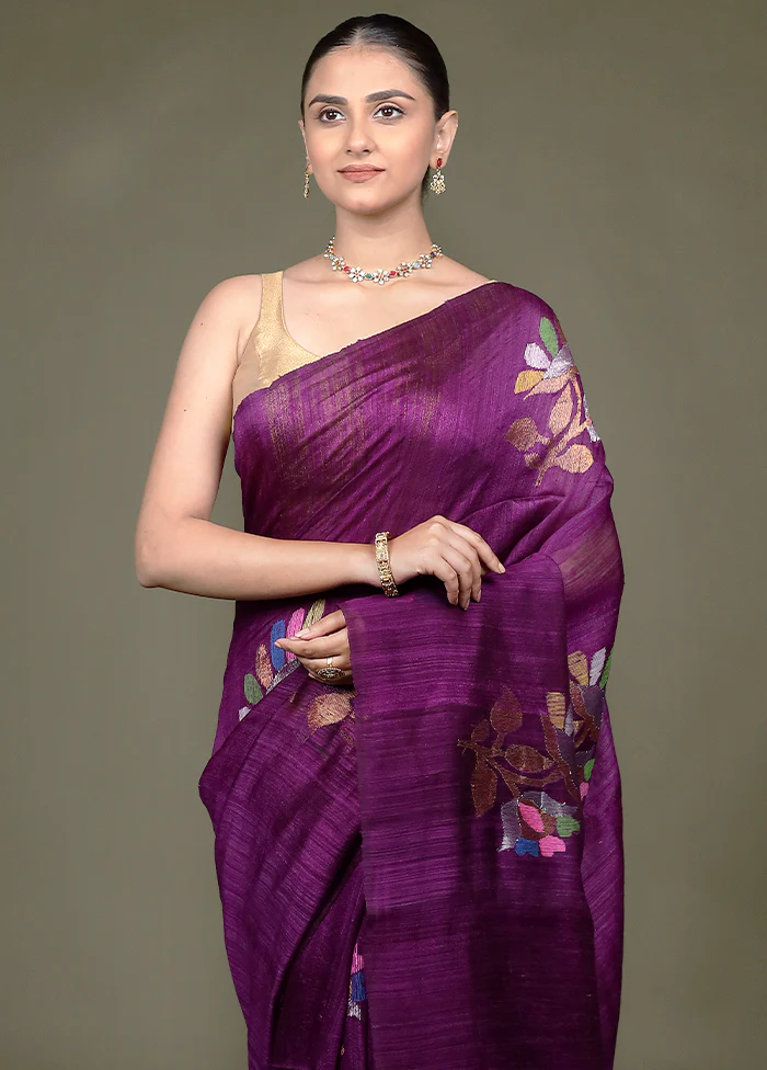 Purple Handloom Matka Pure Silk Saree With Blouse Piece