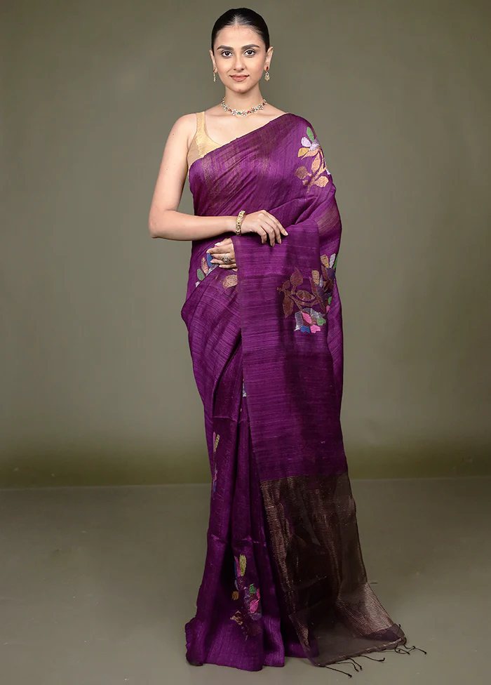 Purple Handloom Matka Pure Silk Saree With Blouse Piece - Image 2