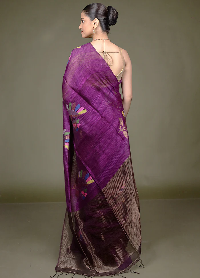 Purple Handloom Matka Pure Silk Saree With Blouse Piece - Image 3