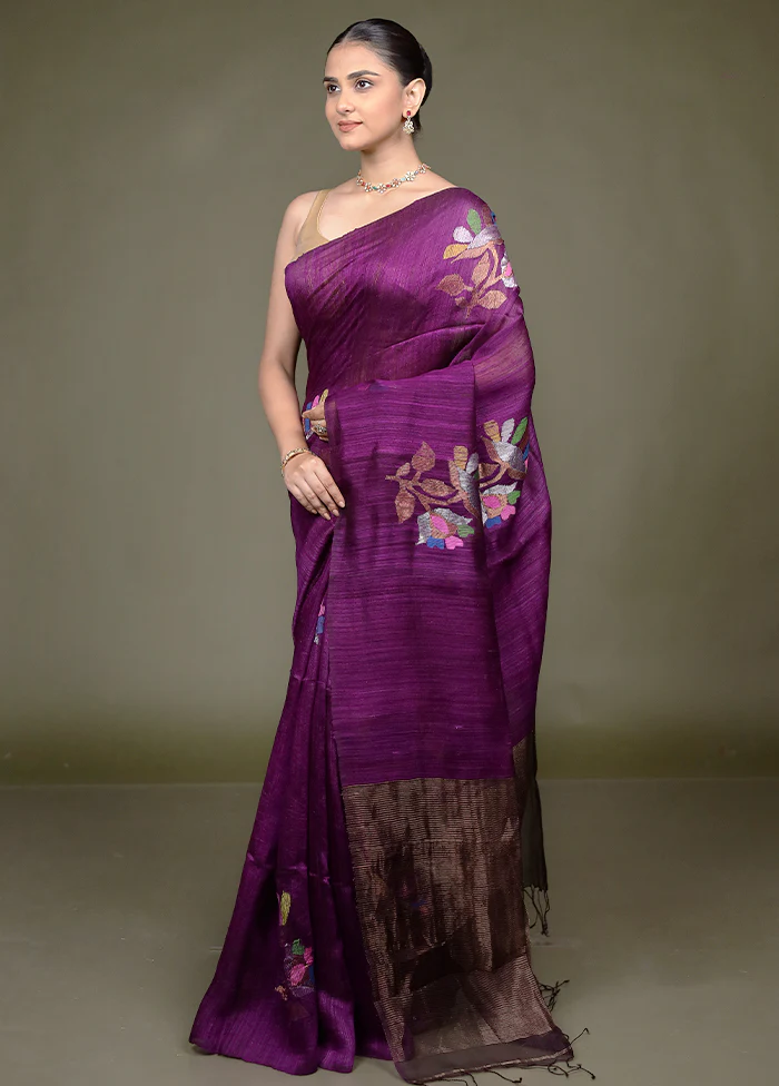 Purple Handloom Matka Pure Silk Saree With Blouse Piece - Image 4