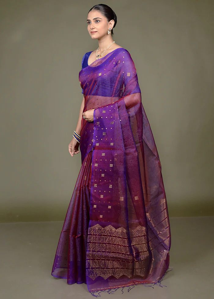 Purple Handloom Matka Pure Silk Saree With Blouse Piece - Image 4
