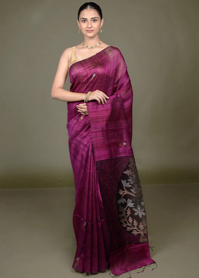 Purple Handloom Matka Pure Silk Saree With Blouse Piece - Image 2