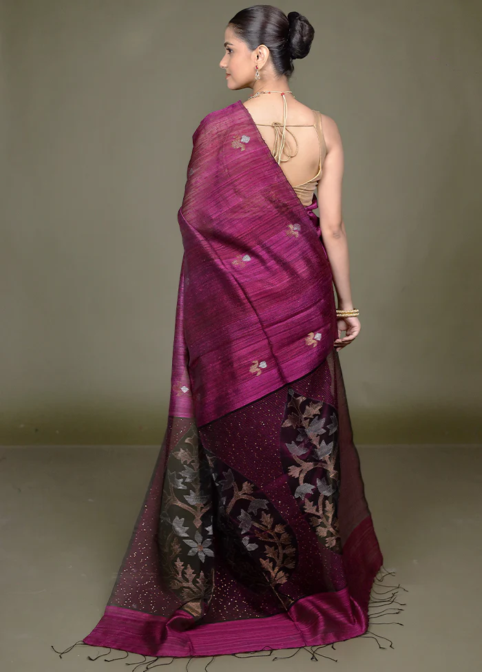 Purple Handloom Matka Pure Silk Saree With Blouse Piece - Image 3