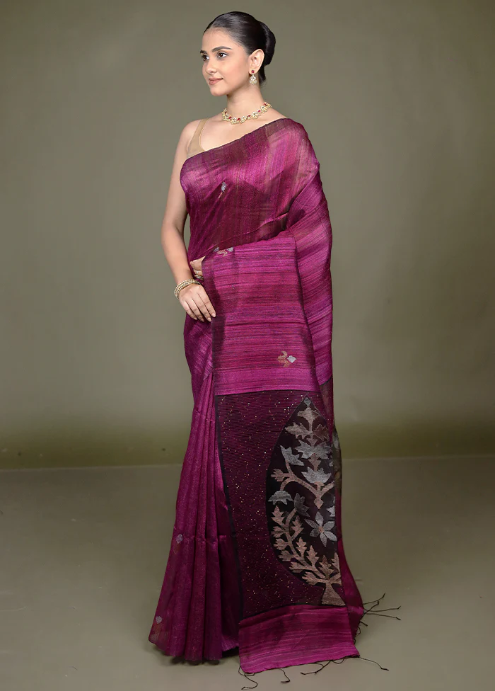 Purple Handloom Matka Pure Silk Saree With Blouse Piece - Image 4