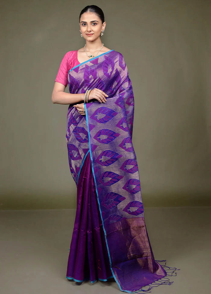 Purple Handloom Matka Pure Silk Saree With Blouse Piece - Image 2