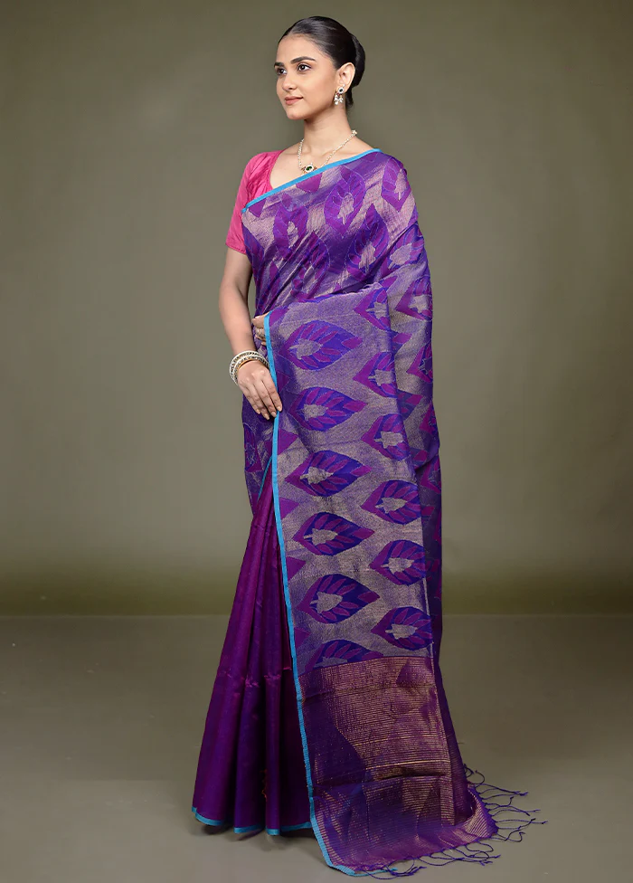 Purple Handloom Matka Pure Silk Saree With Blouse Piece - Image 4