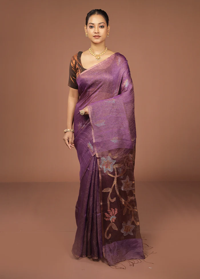 Purple Handloom Matka Pure Silk Saree With Blouse Piece - Image 2