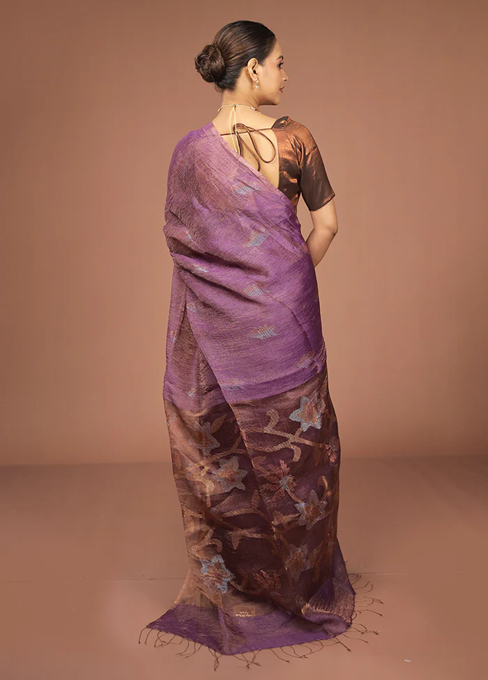 Purple Handloom Matka Pure Silk Saree With Blouse Piece - Image 3