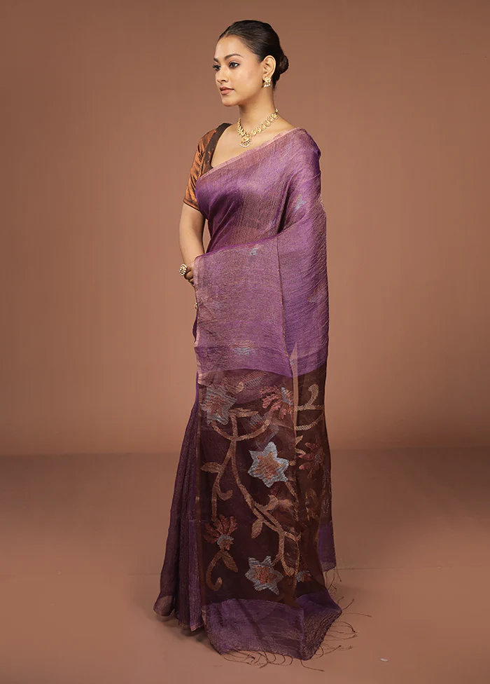 Purple Handloom Matka Pure Silk Saree With Blouse Piece - Image 4