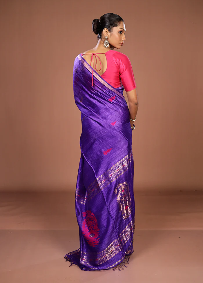 Purple Handloom Matka Pure Silk Saree With Blouse Piece - Image 3