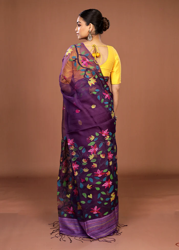 Purple Handloom Matka Pure Silk Saree With Blouse Piece - Image 3