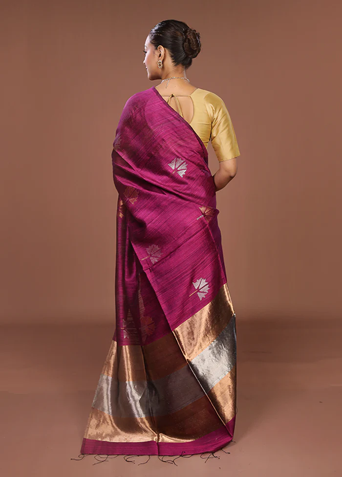 Purple Handloom Matka Pure Silk Saree With Blouse Piece - Image 3