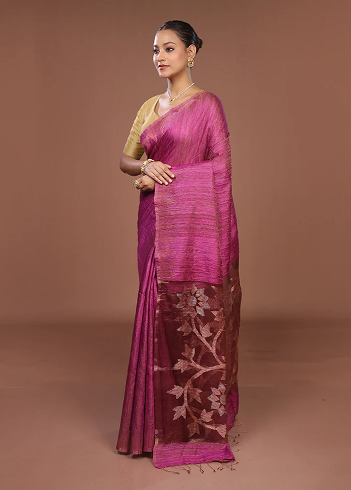 Purple Handloom Matka Pure Silk Saree With Blouse Piece - Image 4