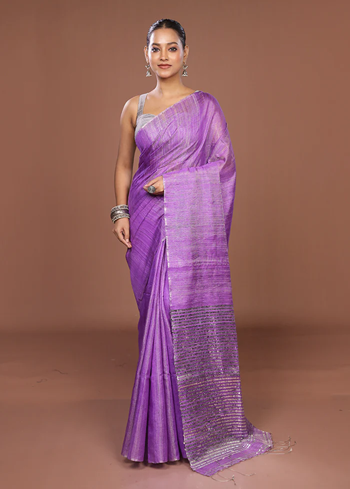 Purple Handloom Matka Pure Silk Saree With Blouse Piece - Image 2