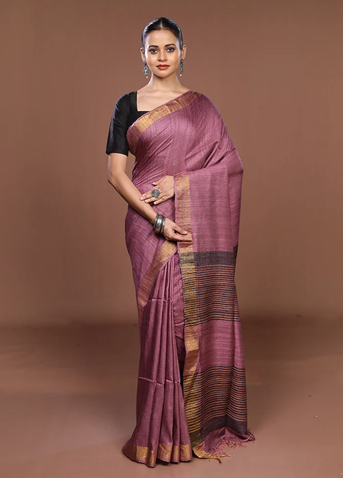 Purple Handloom Matka Pure Silk Saree With Blouse Piece - Image 2