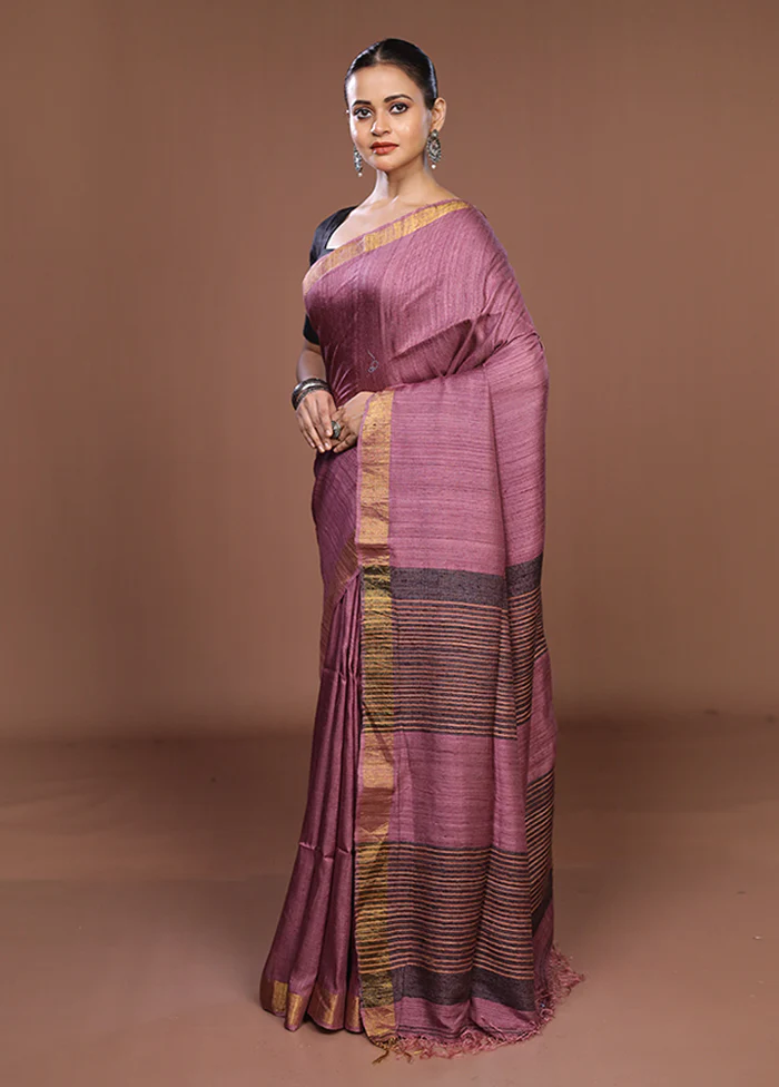 Purple Handloom Matka Pure Silk Saree With Blouse Piece - Image 4