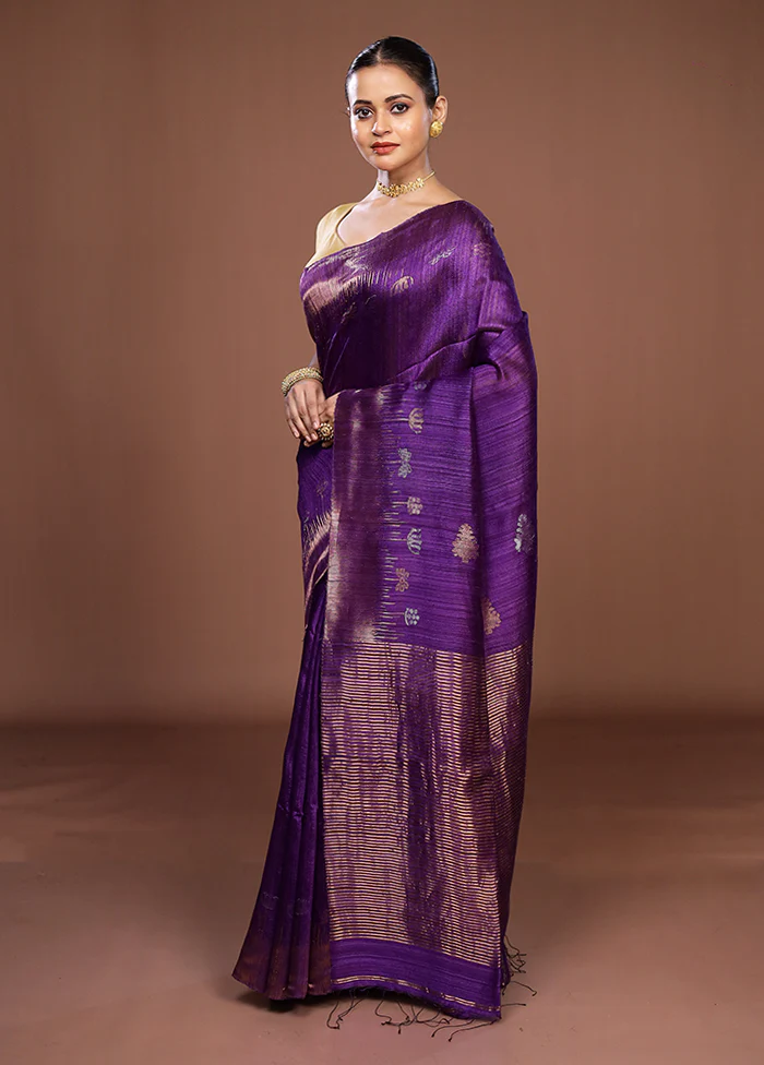 Purple Handloom Matka Pure Silk Saree With Blouse Piece - Image 3