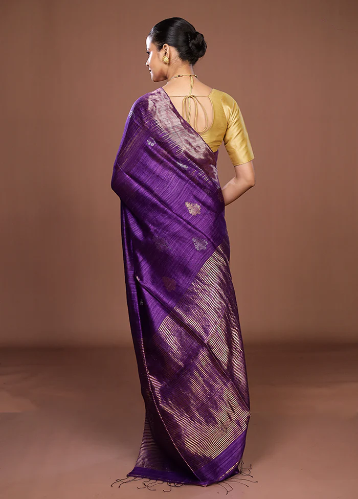 Purple Handloom Matka Pure Silk Saree With Blouse Piece - Image 4