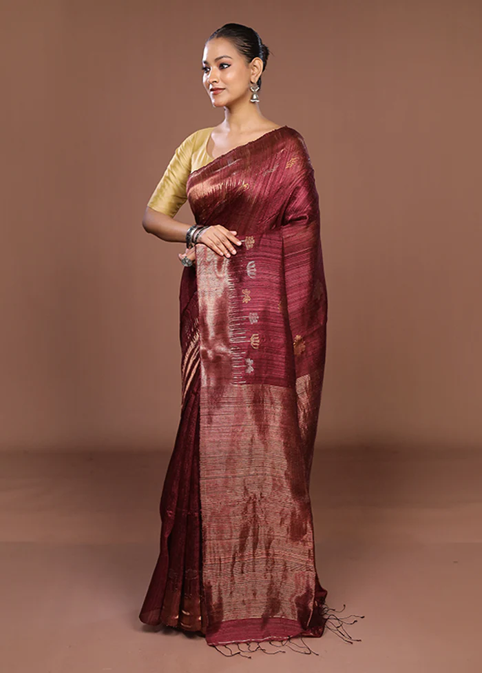 Purple Handloom Matka Pure Silk Saree With Blouse Piece - Image 4