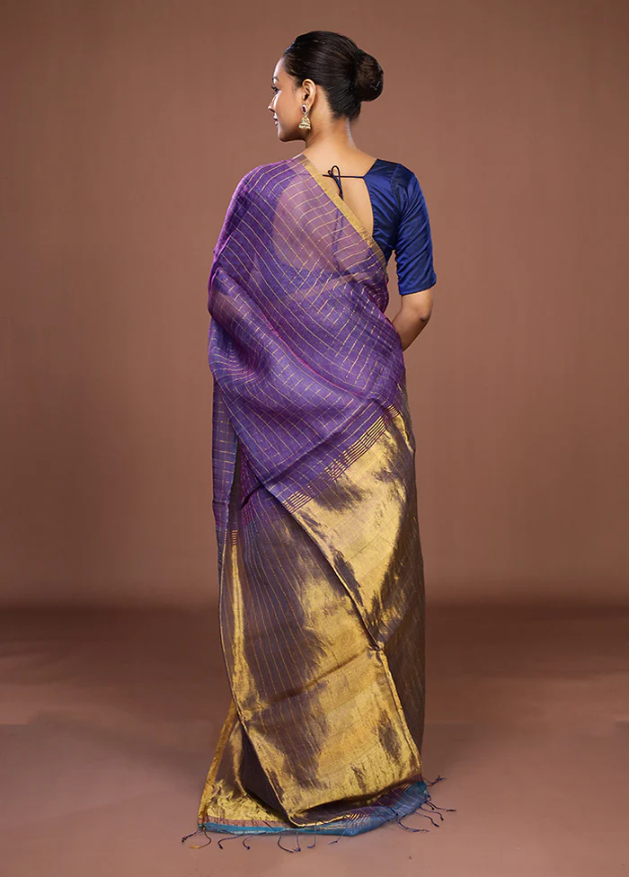 Purple Handloom Matka Pure Silk Saree With Blouse Piece - Image 3