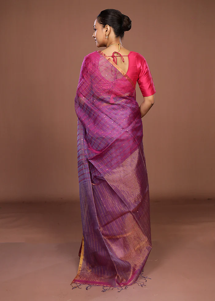 Purple Handloom Matka Pure Silk Saree With Blouse Piece - Image 3