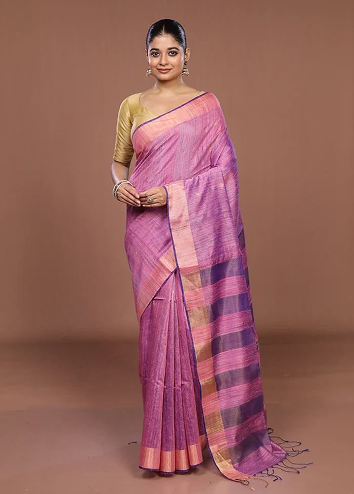 Purple Handloom Matka Pure Silk Saree With Blouse Piece - Image 2