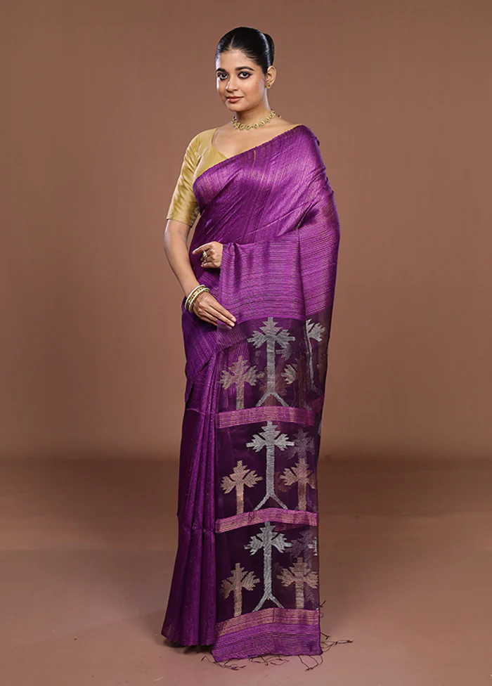 Purple Handloom Matka Pure Silk Saree With Blouse Piece - Image 4
