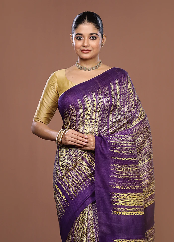 Purple Handloom Matka Pure Silk Saree With Blouse Piece