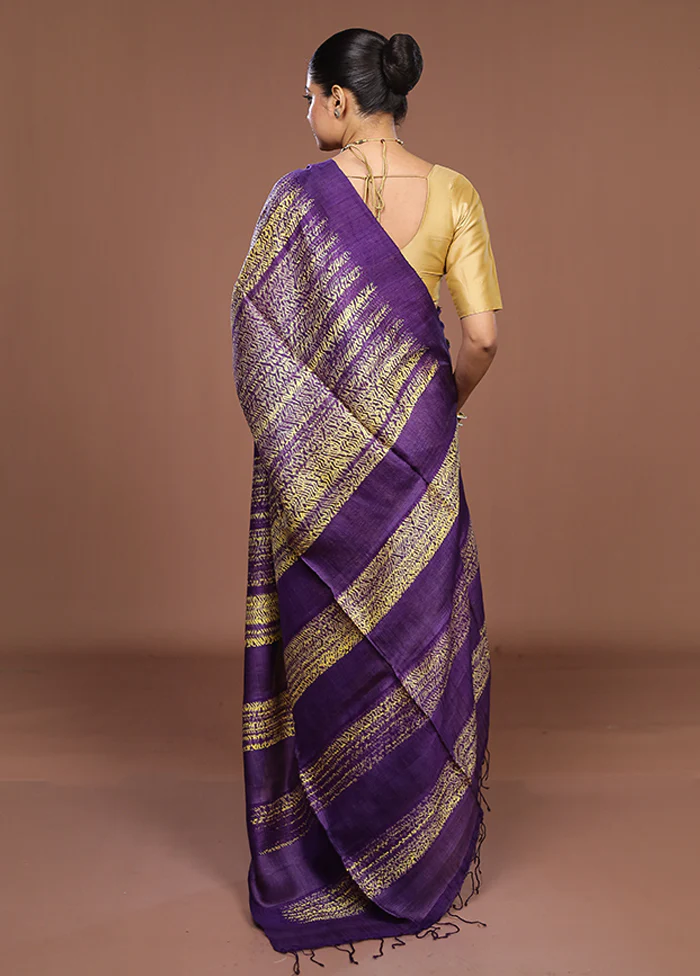 Purple Handloom Matka Pure Silk Saree With Blouse Piece - Image 3