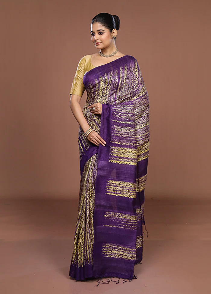 Purple Handloom Matka Pure Silk Saree With Blouse Piece - Image 4