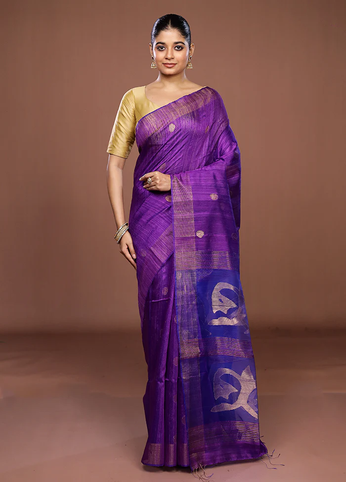 Purple Handloom Matka Pure Silk Saree With Blouse Piece - Image 2