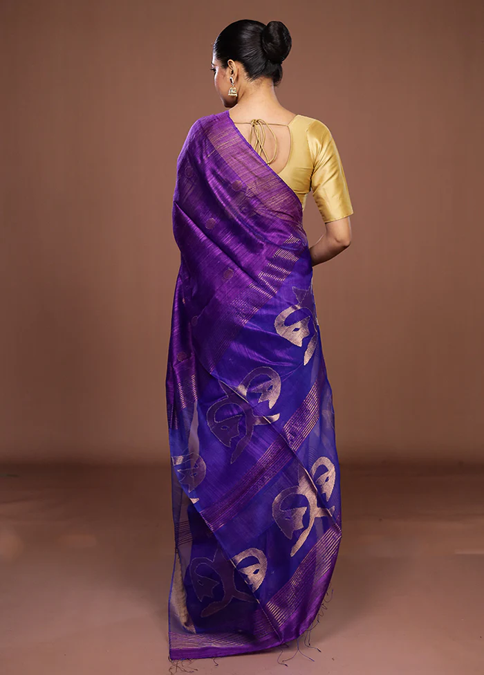 Purple Handloom Matka Pure Silk Saree With Blouse Piece - Image 3