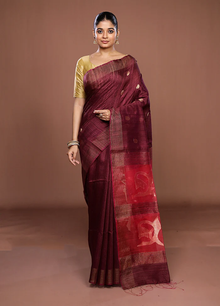 Purple Handloom Matka Pure Silk Saree With Blouse Piece - Image 2