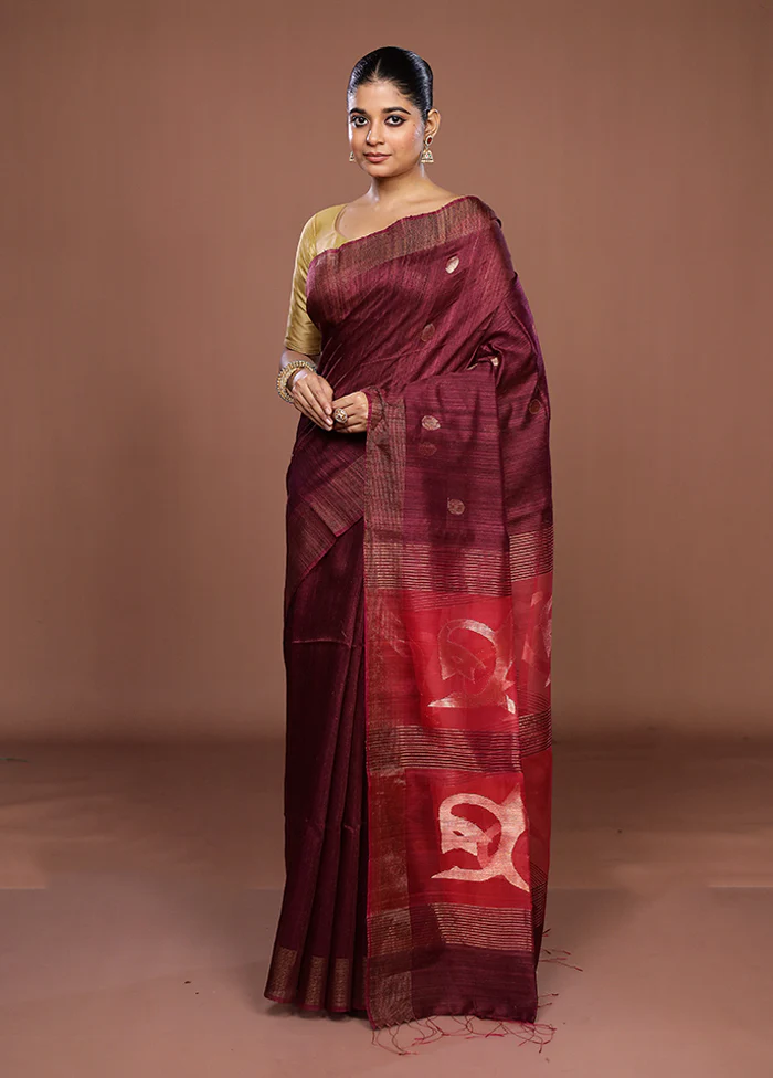 Purple Handloom Matka Pure Silk Saree With Blouse Piece - Image 4
