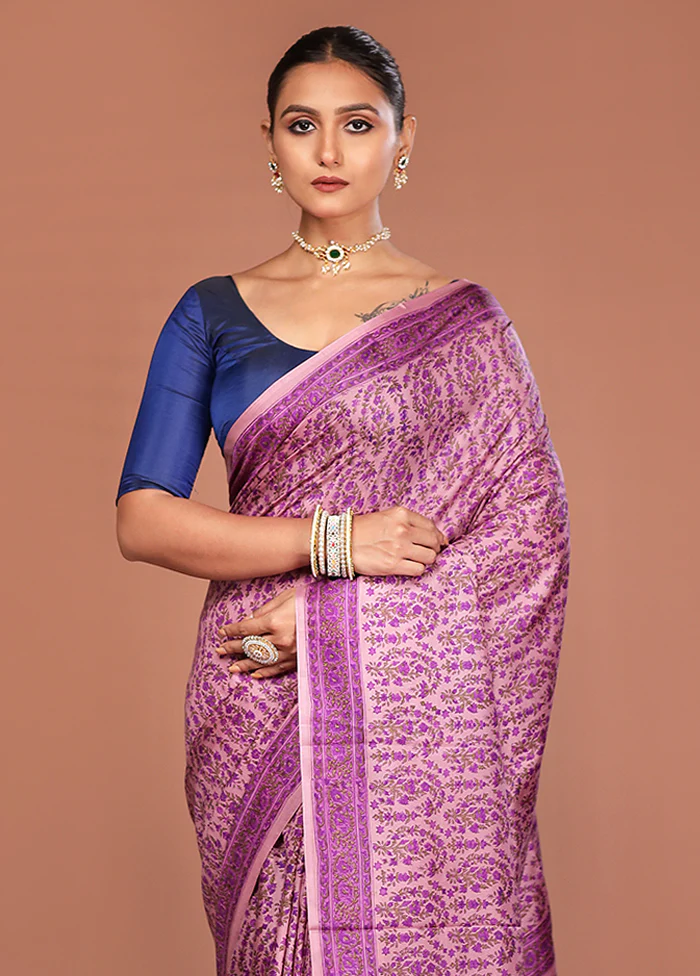 Purple Handloom Printed Pure Silk Saree Without Blouse Piece