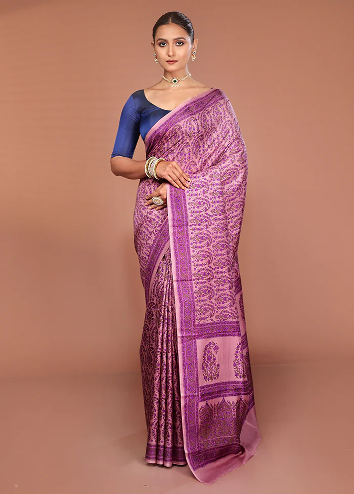 Purple Handloom Printed Pure Silk Saree Without Blouse Piece - Image 2