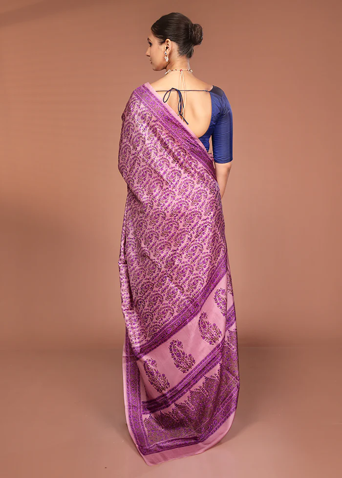 Purple Handloom Printed Pure Silk Saree Without Blouse Piece - Image 3