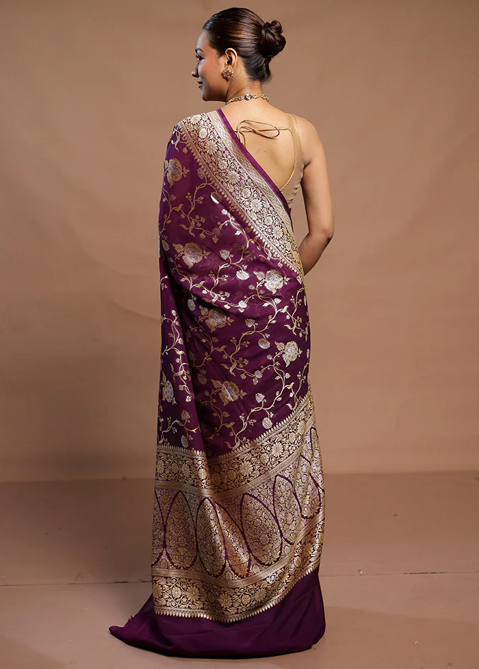 Purple Handloom Pure Georgette Saree With Blouse Piece - Image 3
