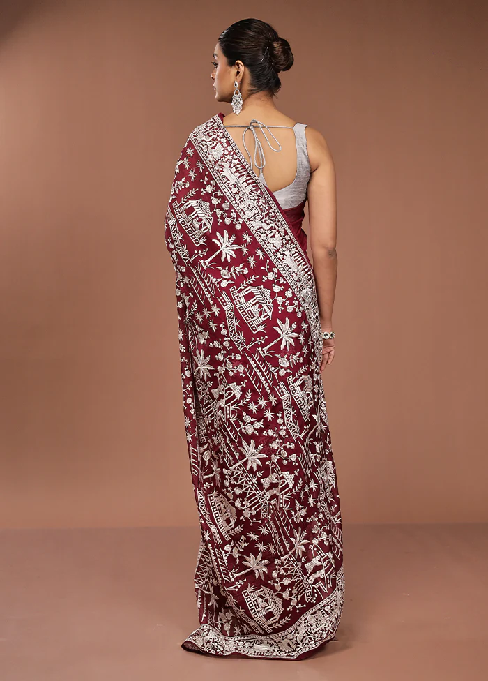 Purple Handloom Pure Georgette Saree With Blouse Piece - Image 3